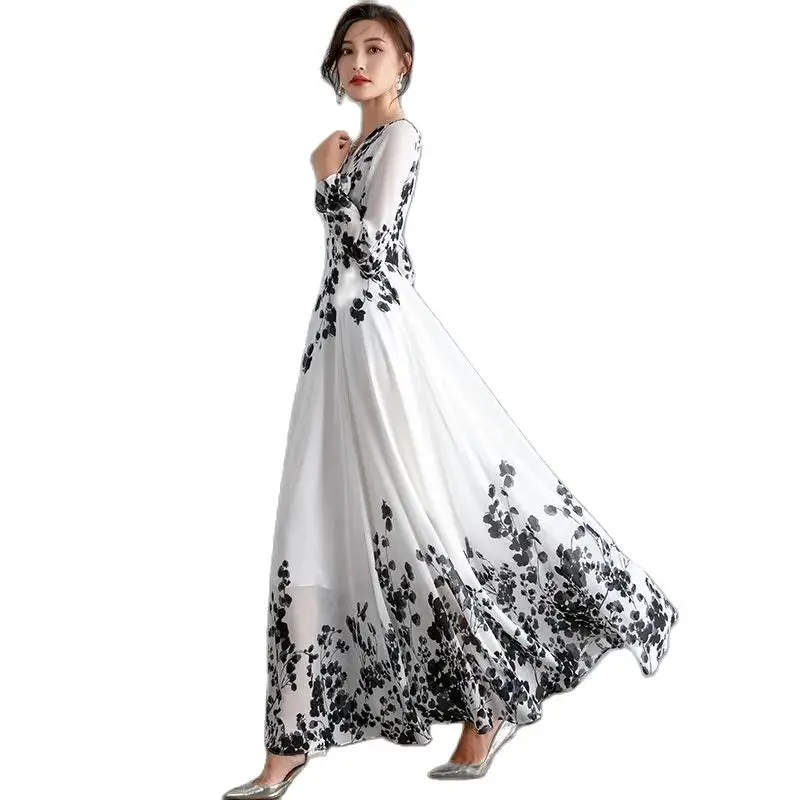 Ink Painting Long-Sleeved Chiffon Dress Women 2023 Spring Summer New Temperament Is Thin and Long Large Swing Holiday Long Skirt