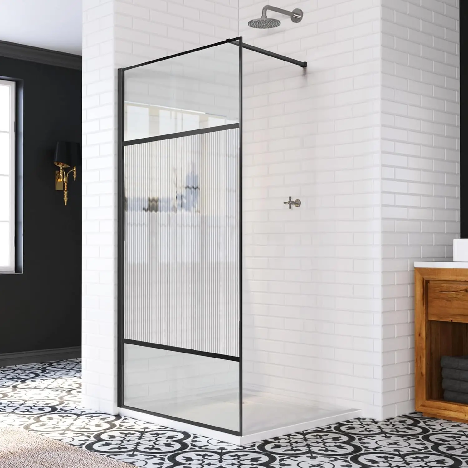 

Bathroom Shower Door, Fixed Framed 34 * 74 Inch Glass Door for Walk-in Shower, 5/16"(8mm) Thick Clear Tempered Glass Plus Fluted