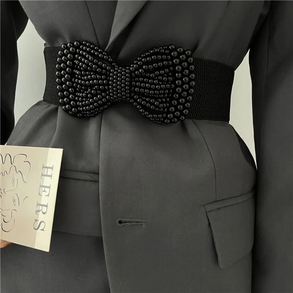 

Fashion Stretch Waistband Pearl Bow Casual Waist Strap Wide Waist Belts Women