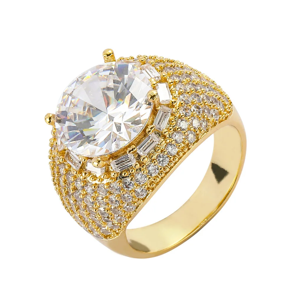 Gold Silver Plated Pave White CZ Wide Band Ring for Women Round Center Zircon Baguette Inlay Luxury Cocktail Statement Ring