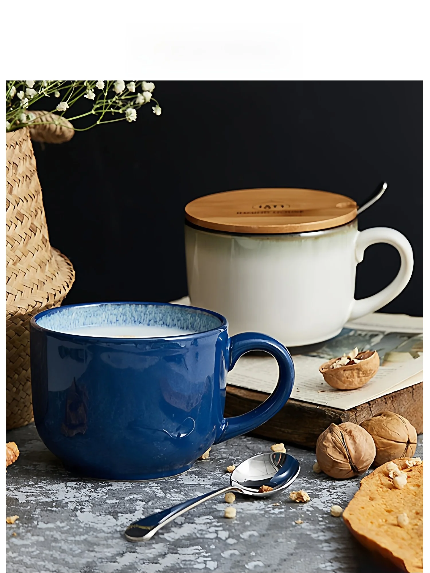 Taza de cerámica EKU Pro con tapa, simple, para desay, avena, uso doméstico, taza de an capacidad con asa de una sola or...
