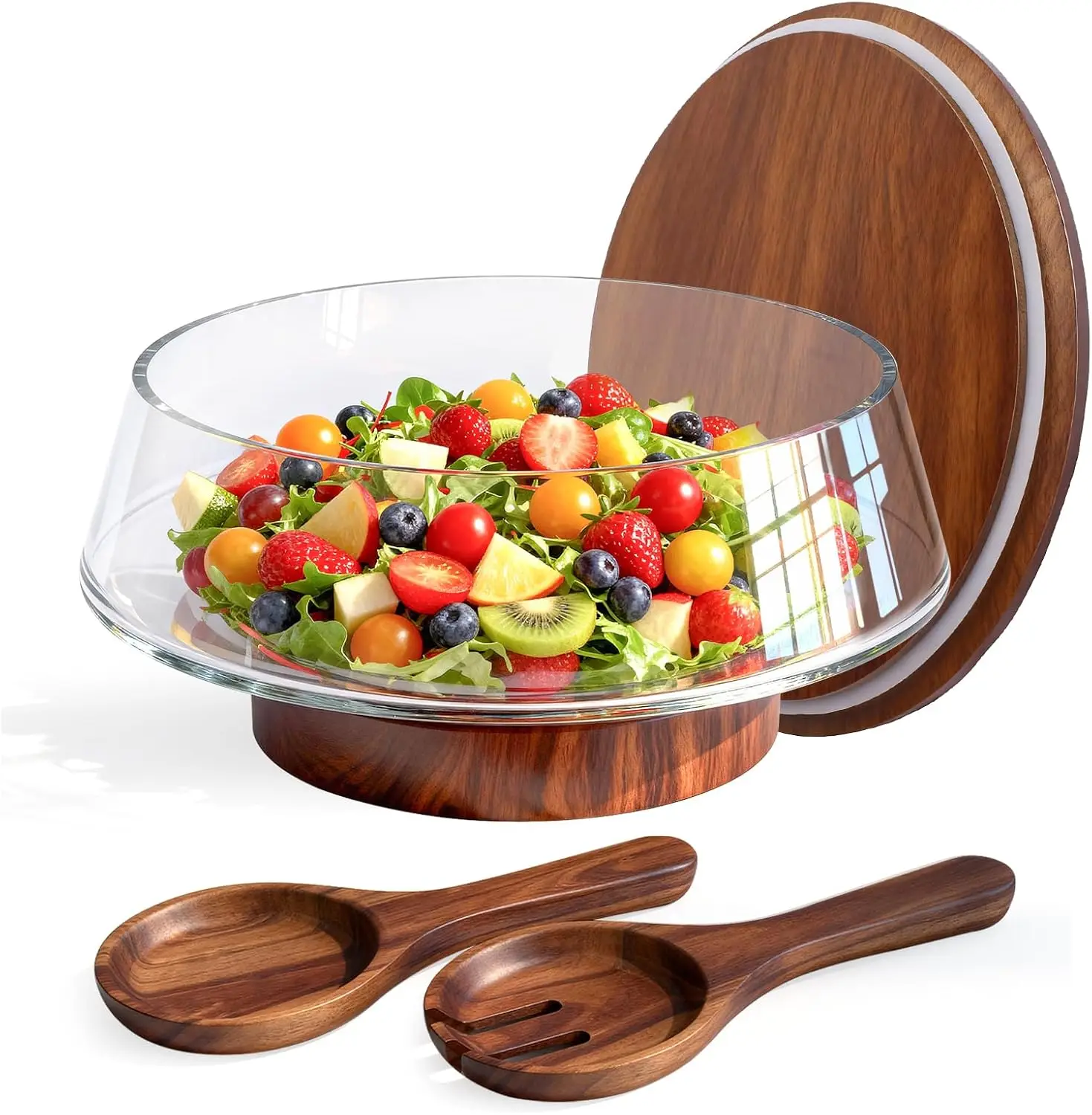 

5-Qt Glass Salad Bowl Set with Lid, Wood Base & Servers for Mixing, Serving, Parties & Christmas