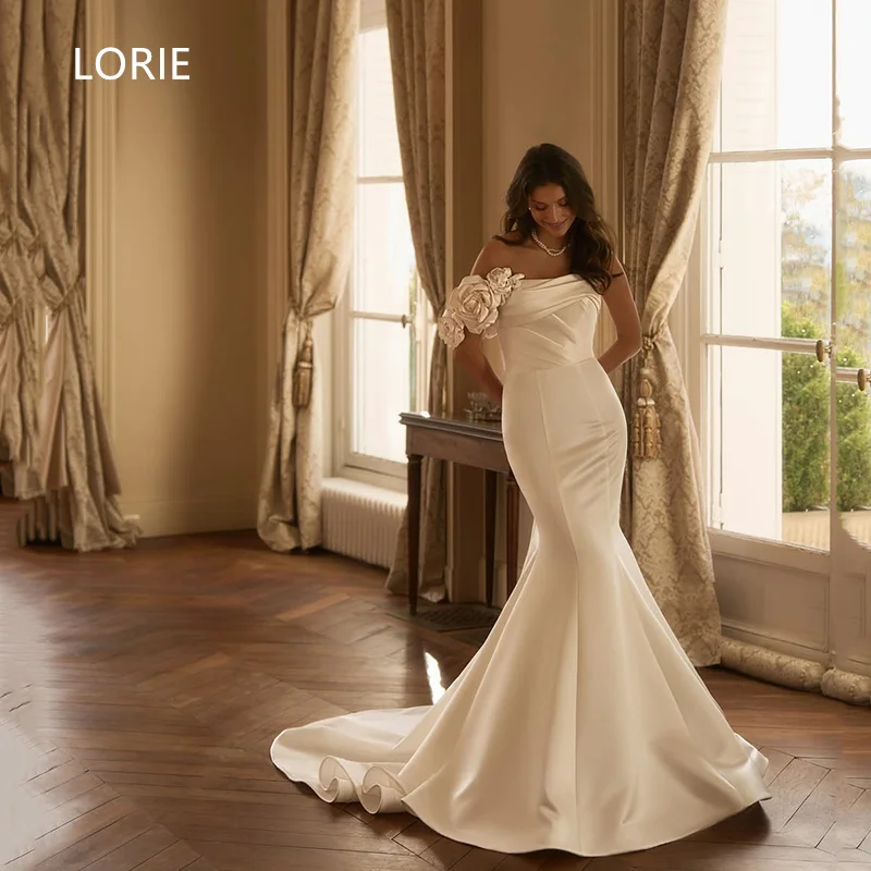 

LORIE Sexy Mermaid Satin Wedding Dresses 3D Flower Applique Off Shoulder Bridal Gown Backless Wedding Gowns Customized 2025
