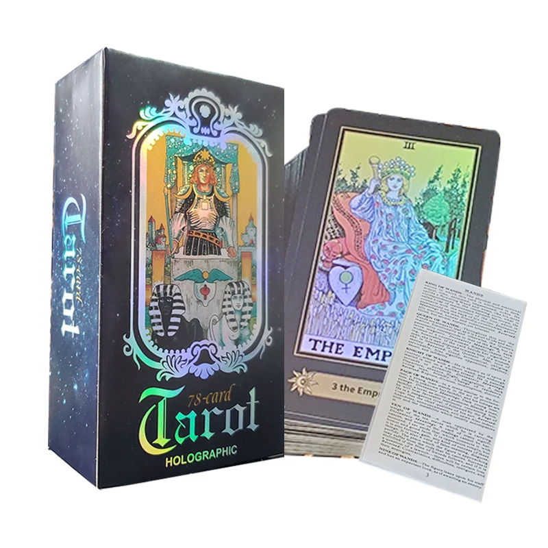 Shine Holographic Tarot Cards with Paper Guide Book Original Size King 78 Cards Deck Divination English Verson Oracle Board Game