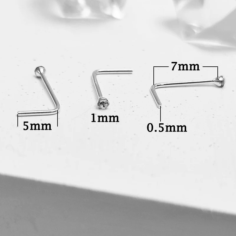 20pcs/lot 1mm Clear Crystal Nose Rings Studs 925Sterling Silver 24G L Shape Nose Nostrial Piercing Nez for Women