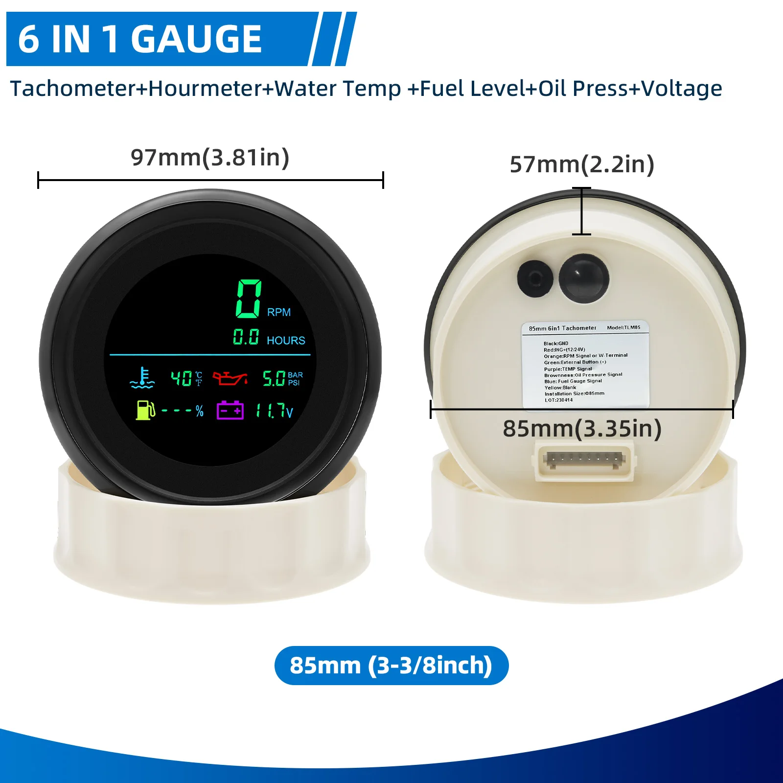 85mm 6 in 1 Tachometer Fuel Level Water Temperature Oil Pressure Voltmeter Hour Meter LCD Gauge For Boat Car 12V Customized