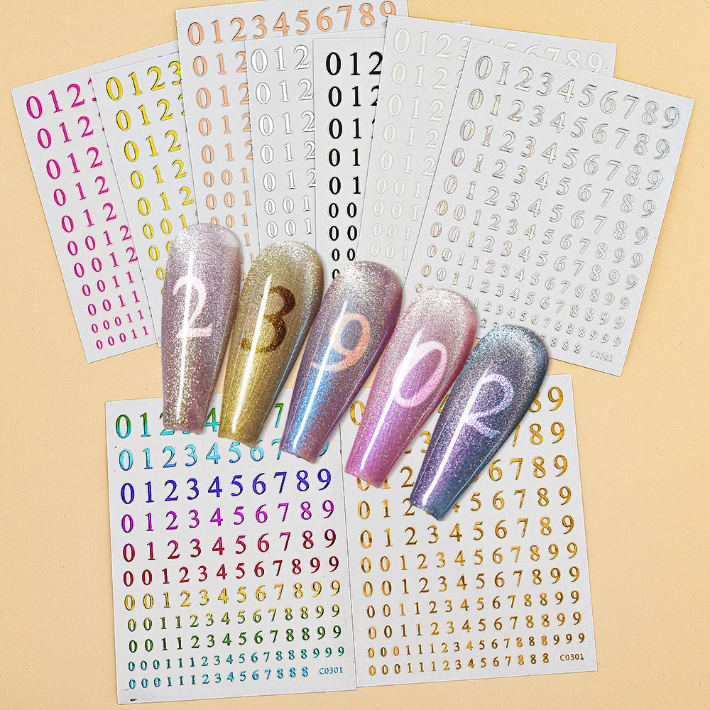 

9/8/6/4Pcs 3D Number Nail Art Sticker 0-9 Number 3D Nail Decals Gold Silver Self-Adhesive Manicure Sliders For Nail Decoration