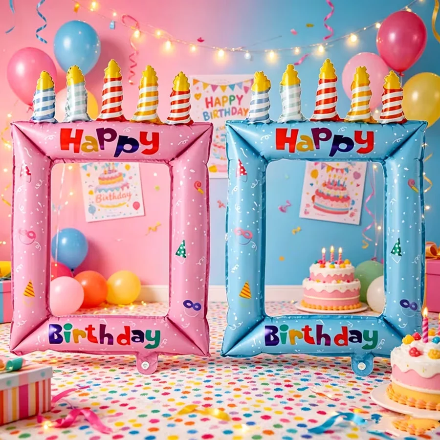 1/2 pièces Ballon en aluminium bleu rose avec cadre photo pour décorations de fête d'anniversaire et accessoires de toile de fond