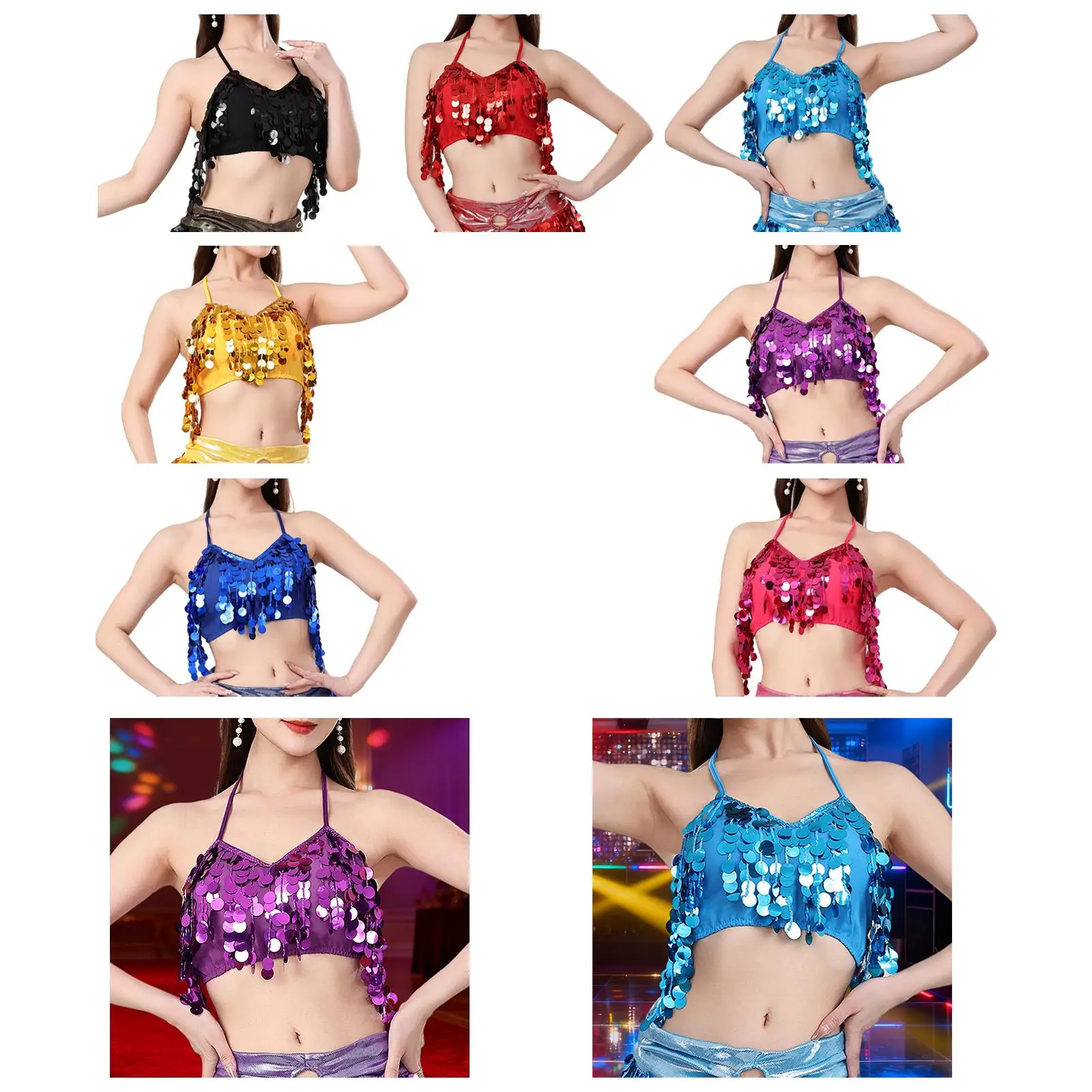 Top curto com borla para dança do ventre, sutiã feminino com glitter, gola halter, camisola sem costas