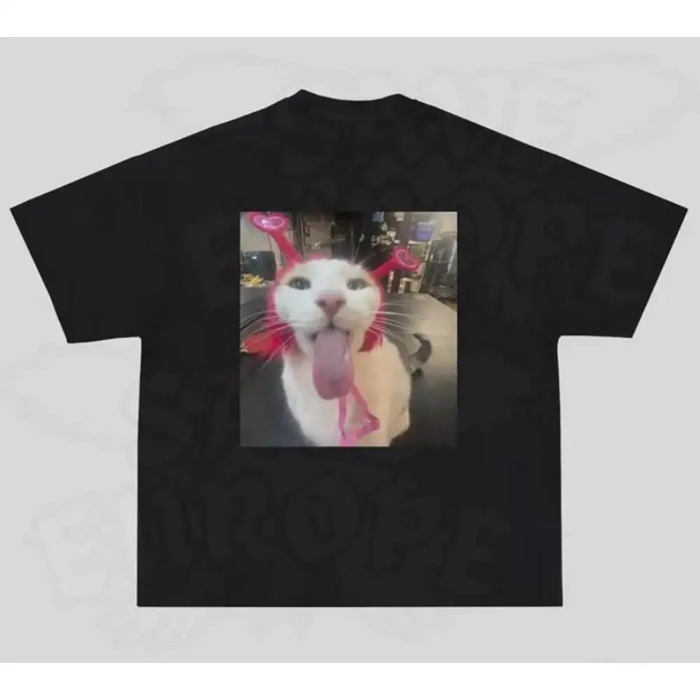 

Funny Cat T-Shirt, Men's Humorous Graphic Tees with Cute Kitty and Tongue Out Print, Cool Animal Streetwear, Vintage & Y2K Style