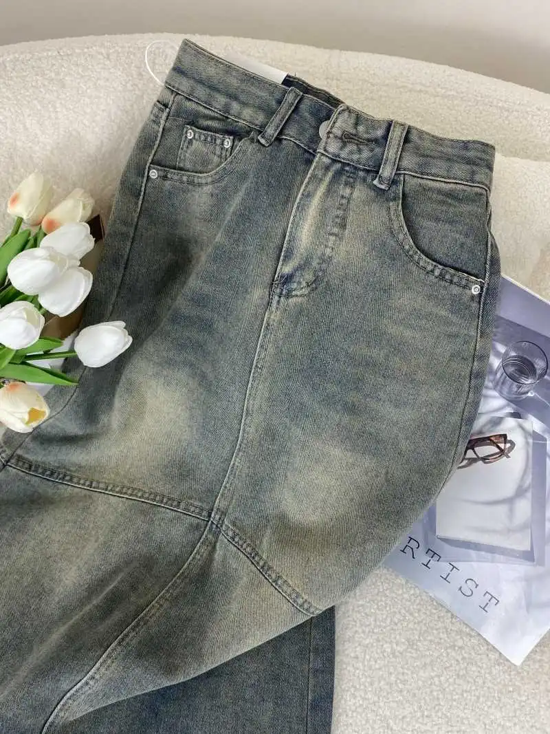 Saia feminina vintage de cintura alta, cor sólida, franjas, fenda, design, vestido jeans, slimfit, linha a, saias no tornozelo