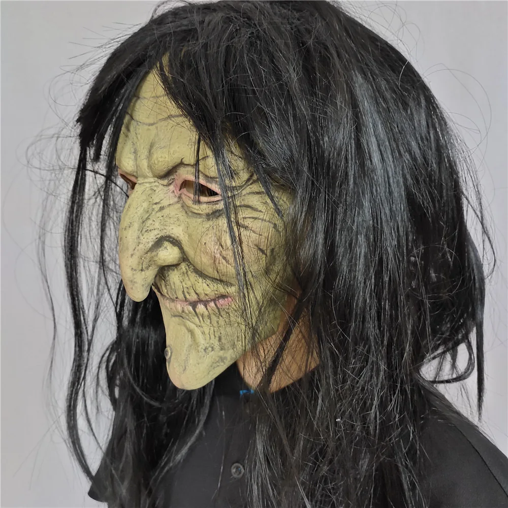 Halloween long hair grimace mask scary latex witch head set old woman face dress up party props