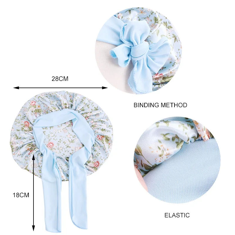 2PCS/LOT Kids Fashion Wide Brim Bonnet Cap Elastic Satin Printed Patterns Tie Bands Sleep Cap Shower Cap Hair Accessorise