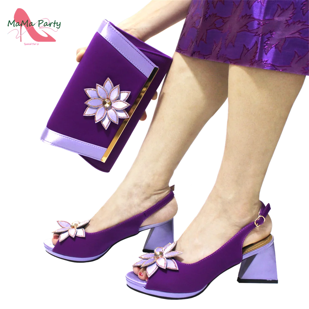 2024 New Arrivals Fashion Italian Design African Shoes and Bag to Match in Purple Color Comfortable Square Heels for Party