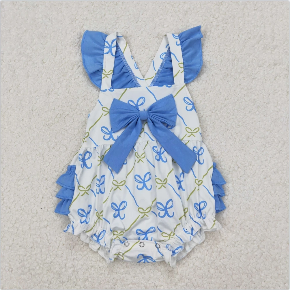 

New Fashion Infant Baby Romper Summer Blue Flutter Sleeves Bows Plaid Boutique Kids Clothes Toddler Boy Girl Romper Jumpsuit
