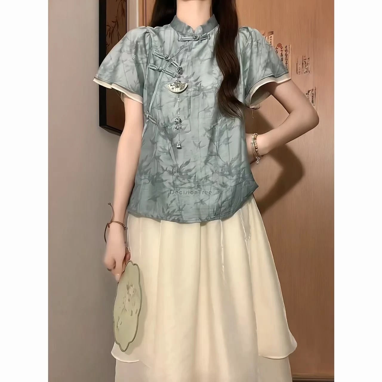 

2024 chinese style temperament zen garment literature art retro printing qipao top high waist patchwork fairy hanfu guaze skirt