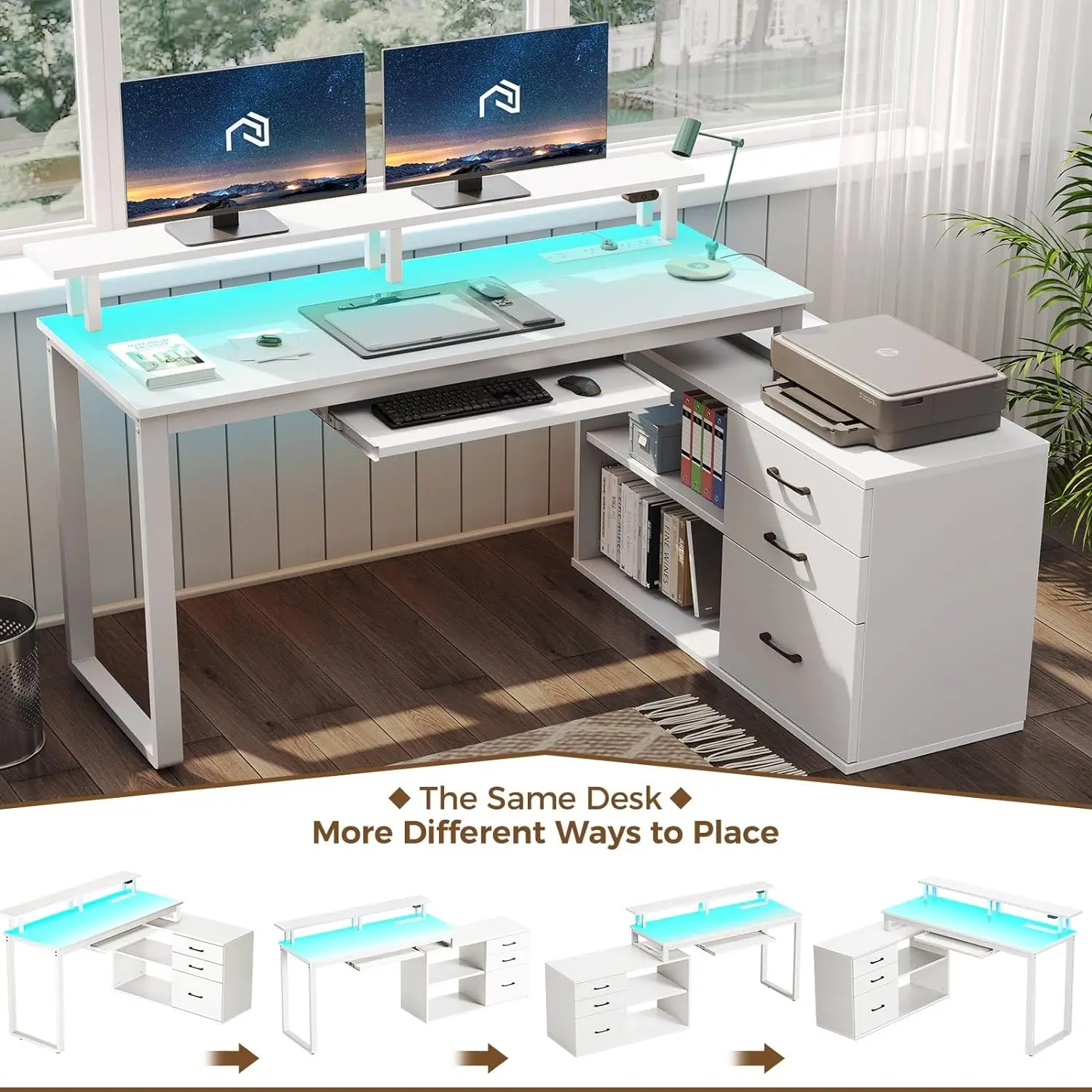 Computer Desk With Drawers And Power Outlet, White Reversible L Shaped Desk With LED Strip & Keyboard Tray, 55 Inch Ho