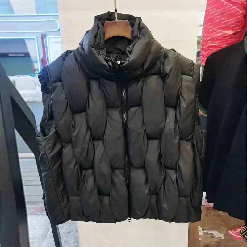 2023 Winter Down Vest Jacket Women Men Cotton Square Weave Stand Collar Sleeveless Parkas Korean Style Loose Warm Thick Coat