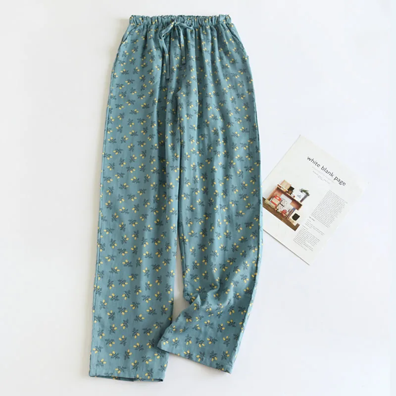 Cotton Floral Pajama Pants Women Big Size Double Gauze Girl Home Trousers Autumn and Winter Loose Lace-Up Sleeping Pants Casual