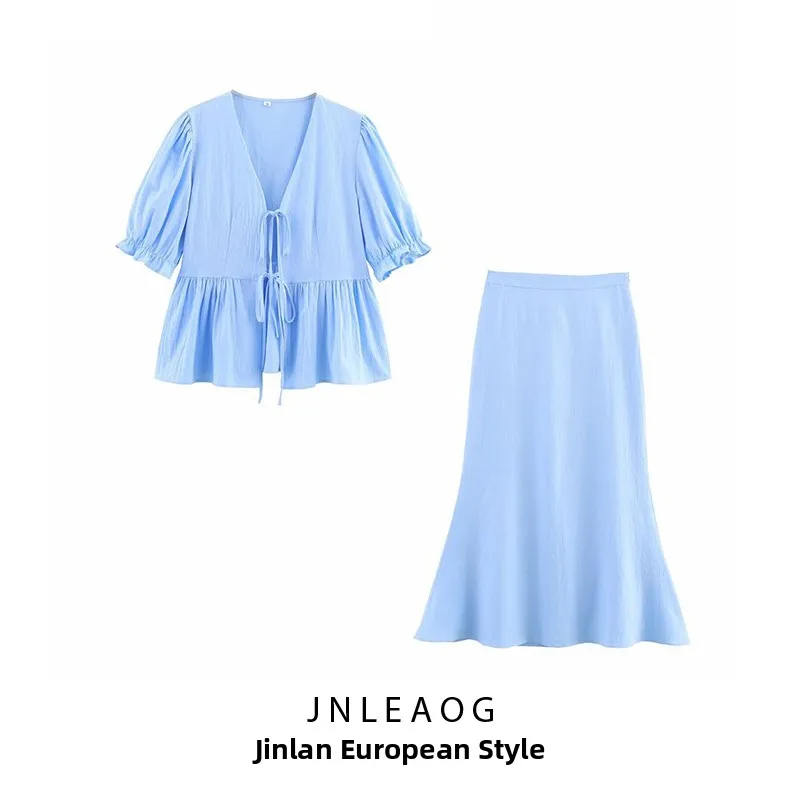 Spring Summer New Sle Women's f Skirt Set with Bubble Sve V-ne Belted Top Two-color Casual Loose Polyester irt
