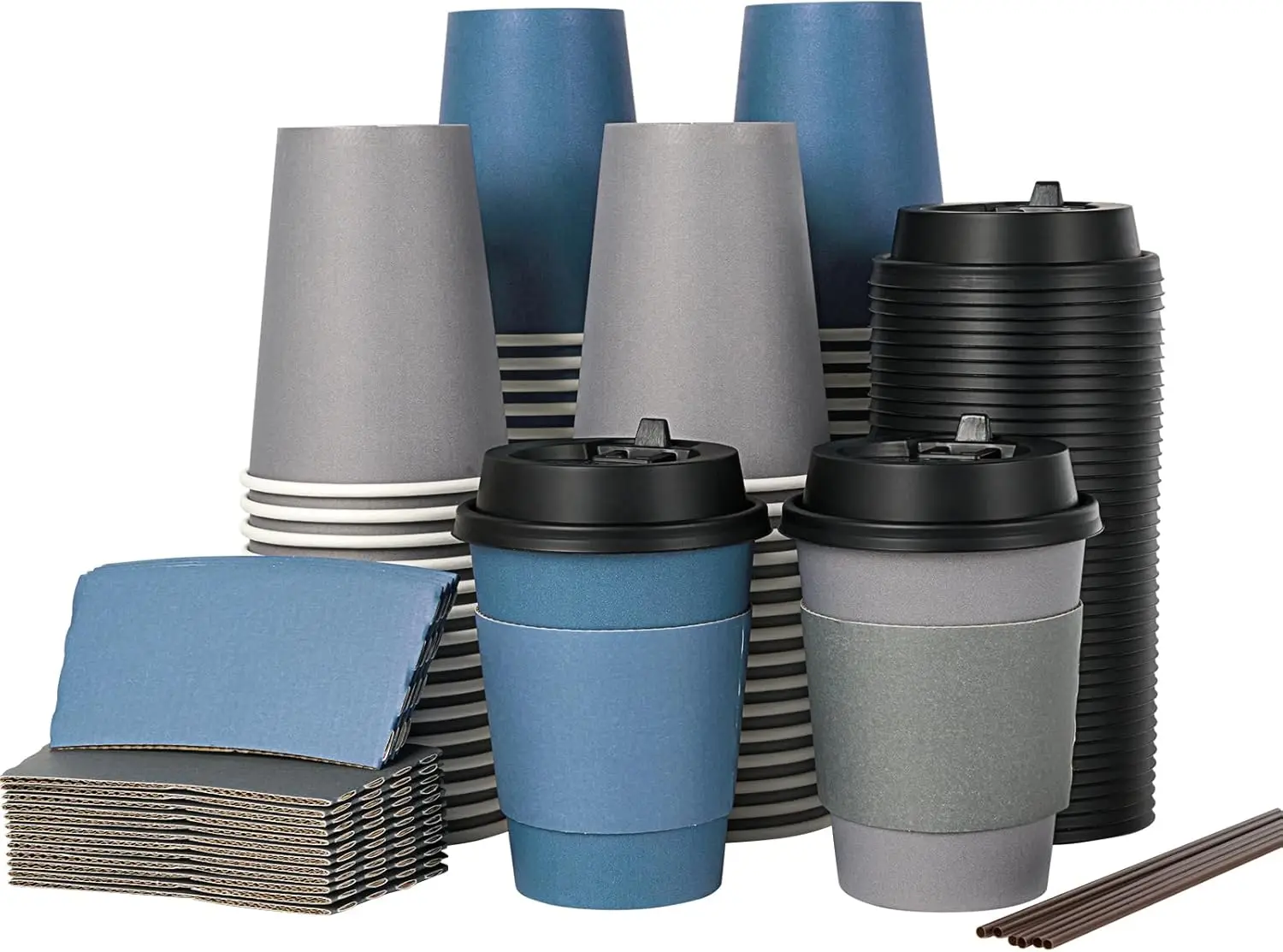 

100 Pack 12 oz Disposable Paper Coffee Cups with Lids, Sleeves and Stirring Sticks for Hot Coffee