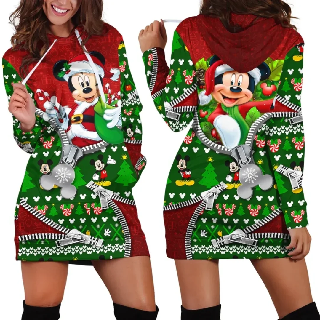 New Mickey Mouse Christmas Hoodie Dress Sweater Fashion Disney Dress Sweatshirt Dress 3d Allover Printed Hoodie for Women