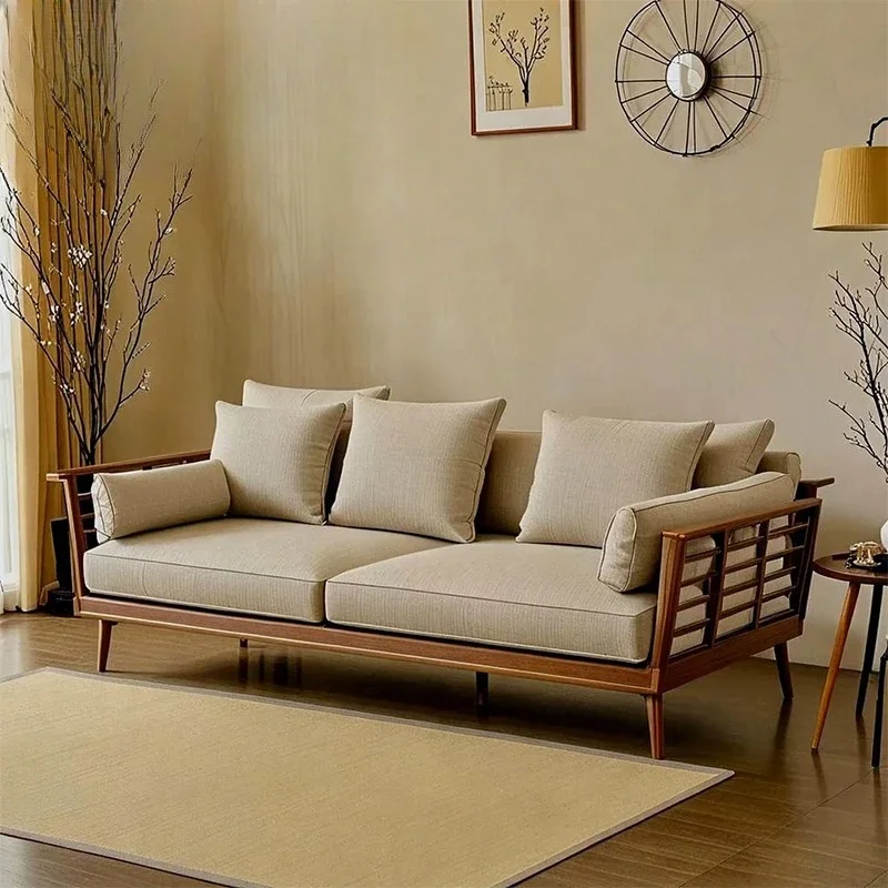 

American black walnut solid wood sofa, new living room straight-row sofa in Song's aesthetic villa mansion