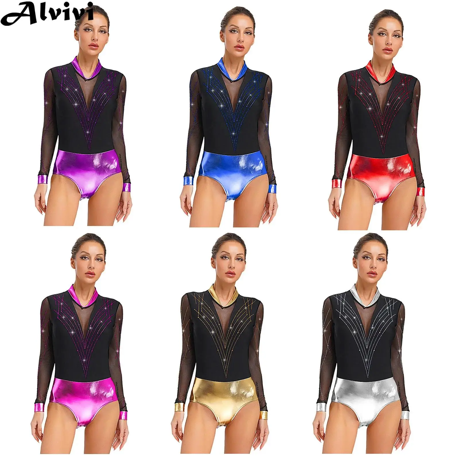 

Женский купальник с блестящими стразами для фигурного катания на коньках, гимнастический купальник с длинными рукавами, металлическая прозрачная сетка, боди для балета и танцев, акробатики