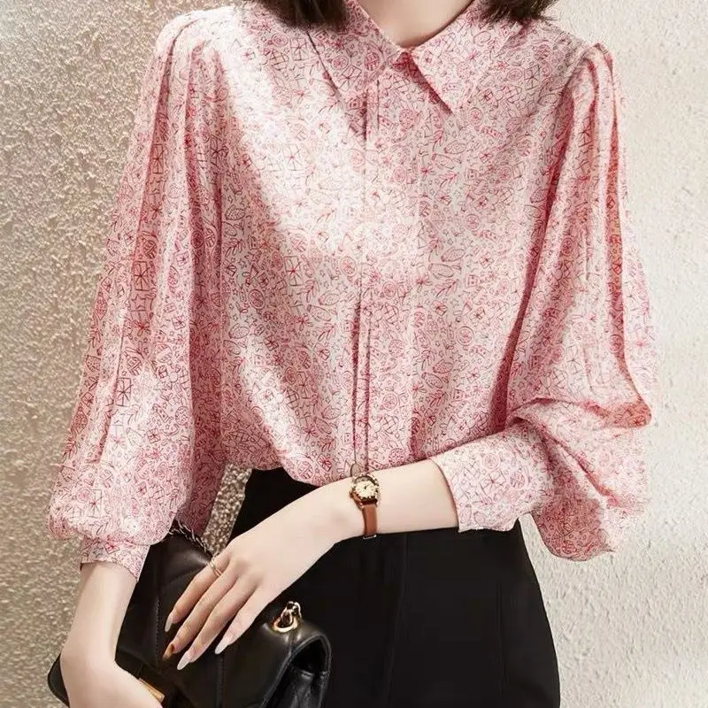 French Sense of Design Niche Elegant Generous Commute Temperament Loose Show Off Weight Floral Shirt Women\'s Top Autumn 2024