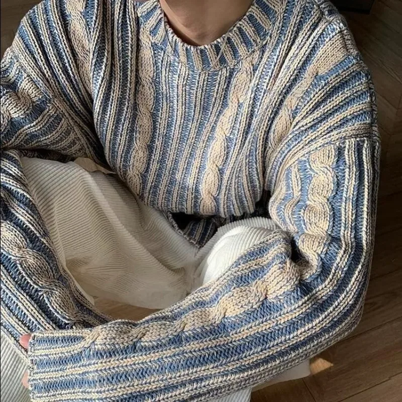 Vintage Mixed Striped Designer Crew Neck Knit Sweater Men's Casual Top