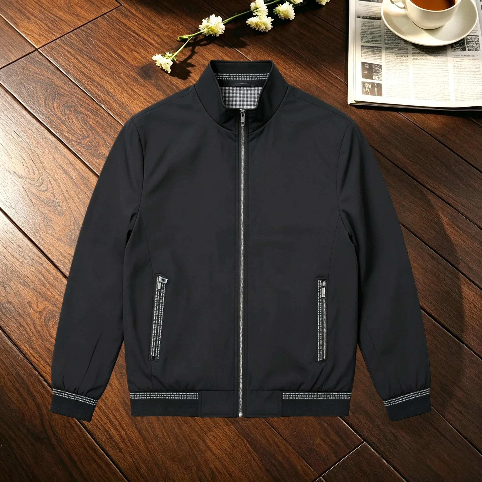 Casual Men Stand Collar Bomber Coat Plaid Inner Lining Contrast Stitch Rib Hem Zipper Pockets Lightweight Male Outerwear
