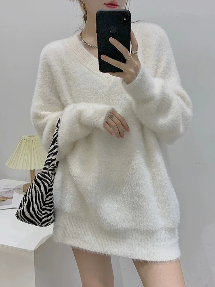 

Simple Design Soft Furry Sweater Women's Winter Fashion Long Thick Loose V-neck Knit Tops Sweet Oversize Pullover Sueter Mujer