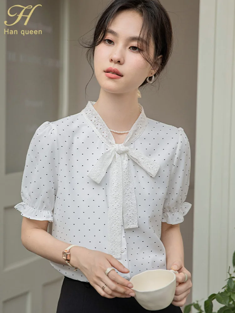 

H Han Queen, новая летняя одежда, женская блузка, винтажные топы, шифоновые повседневные офисные элегантные рубашки с короткими рукавами и бантом, женская одежда
