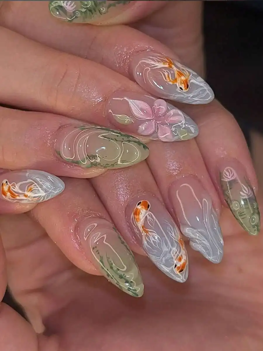 24pcs almond-shaped 3D floral fish nail stickers in green natural garden style art decals for medium-long nails with jelly gel a