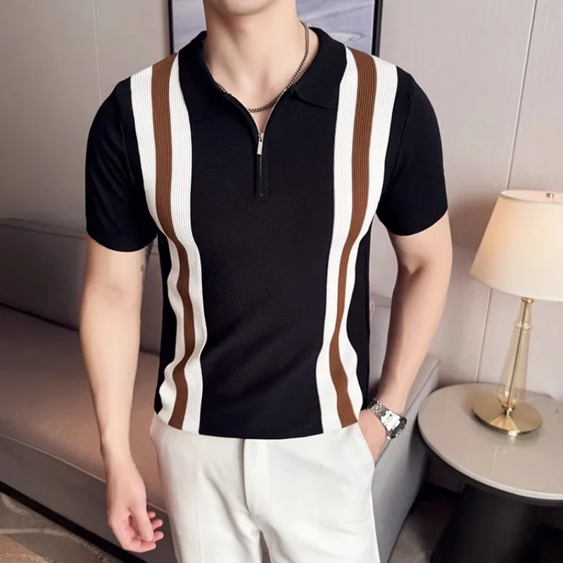 Summer Color-Block Half-Zip Lapel Short Sleeve Knit Polo Shirt Men's Business Casual Top