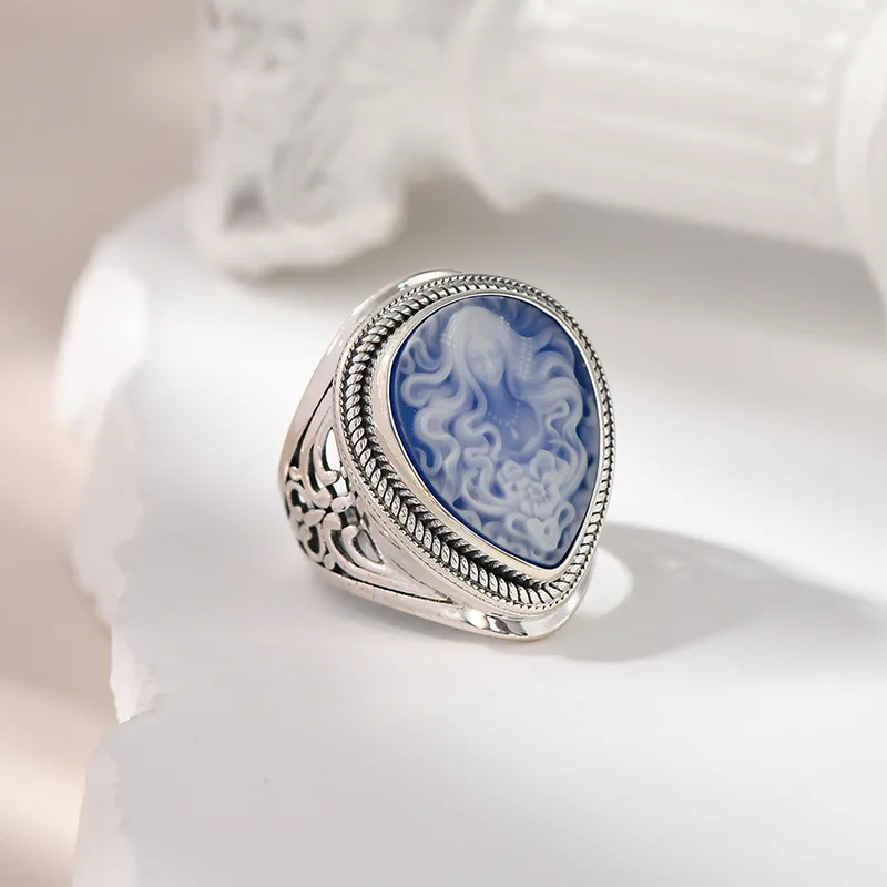 TZgrams Genuine 925 Silver Natural Blue Onyx Medusa Ring White Shell Cameo Water Drop Goddess Big Rings for Women Fine Jewelry