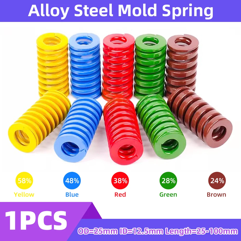 Creamily 1PCS Die Spring OD=25mm ID=12.5mm Length=25-100mm Spiral Stamping Compression Springs Yellow Blue Red Green Brown