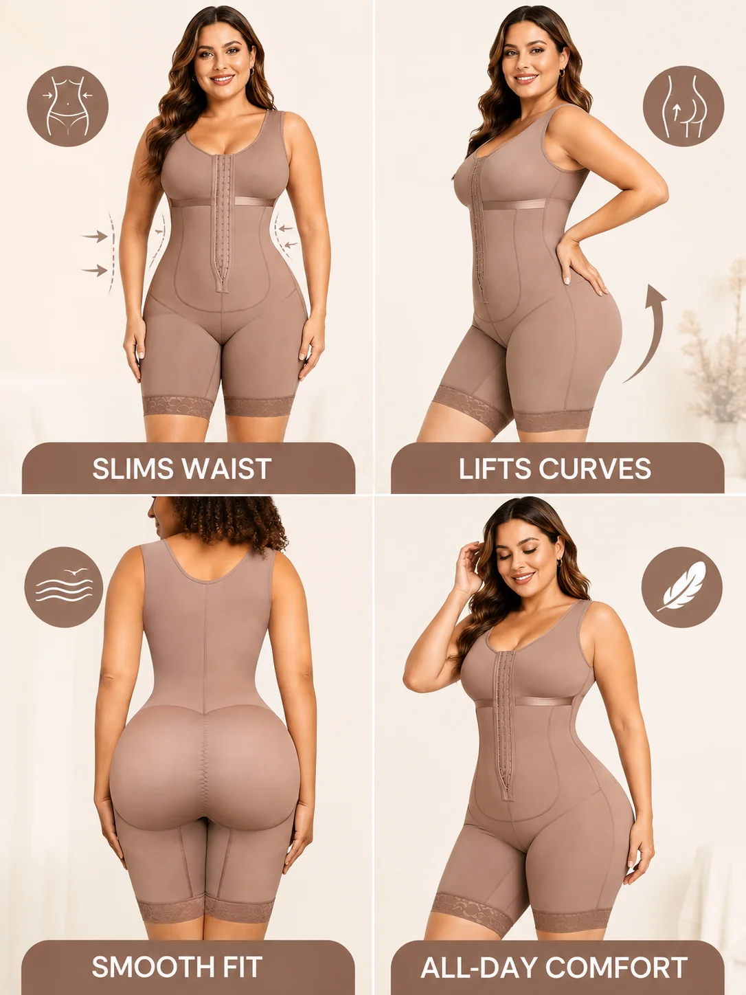 Women Plus Size Full Body Shaper Bodysuit, Front Hook‑Eye Closure Sleeveless Mid‑Thigh Shapewear with Anti‑Slip Lace Hem, Tummy Control Butt Lifter Body Shaper for Postpartum Daily Wear view 5