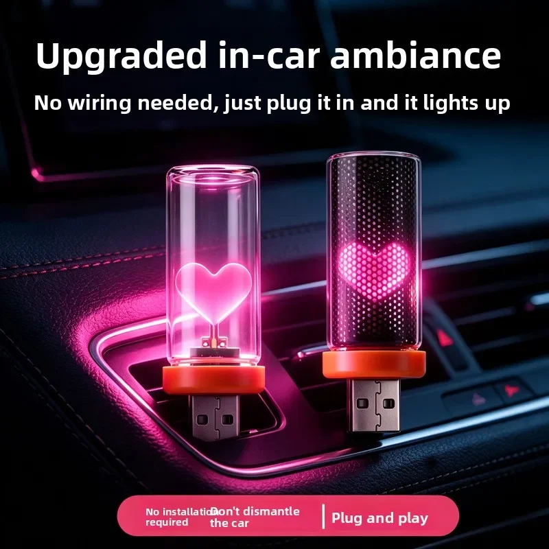 USB Car Heart Projection LED Ambient Light, Dual Design Glass Bottle,Mesh Cover Plug&Play Romantic Car Interior Night Decor Lamp