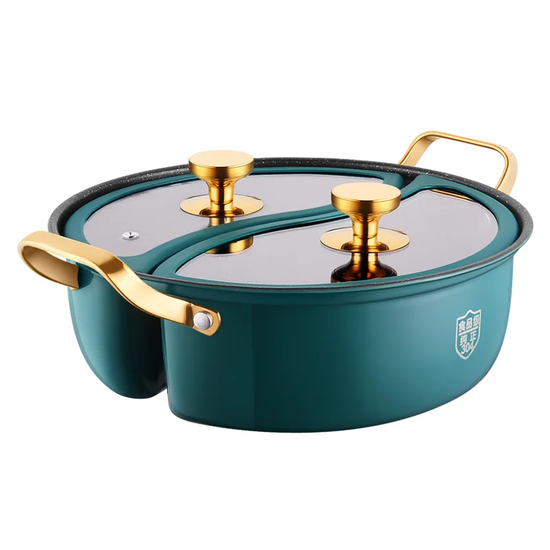 

Горшок для утки-мандарина с двумя крышками, литье под давлением, разделенный горшок из нержавеющей стали 304, горячий горшок с антипригарным покрытием и двумя вкусами