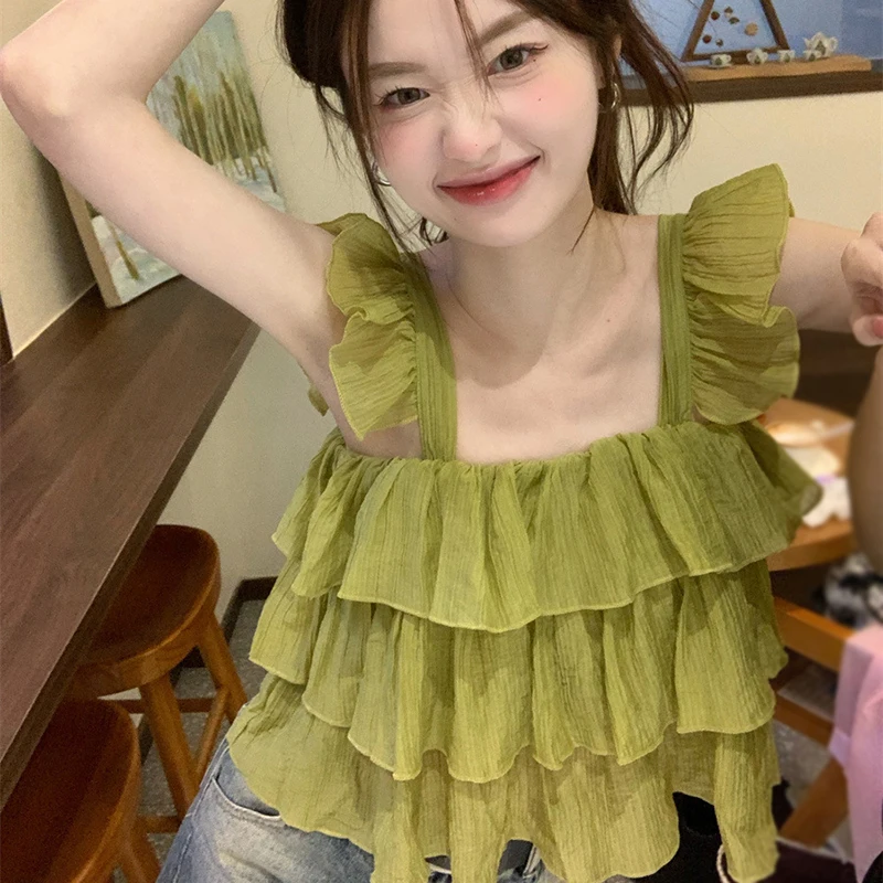 Ladies Square Neck Ruffle Chiffon Camisole Top Summer Solid Color Sleeveless Sweet Vest Top