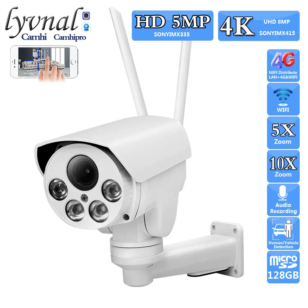 Sonyimx415 4K 8MP 3G 4G SIM Card Wireless Bullet Security Camera Wifi PTZ 5MP 5X 10X Zoom Autofocus Audio Human Detection IR 50M