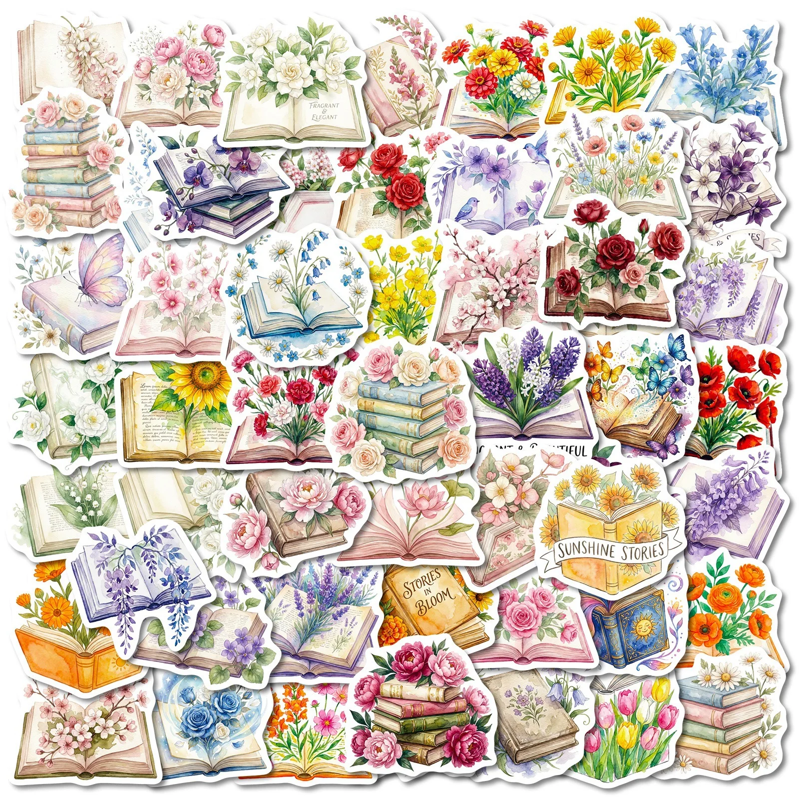 

Набор из 56 водонепроницаемых наклеек с книгами и цветами для багажа, скейтбордов, дневников и многого другого