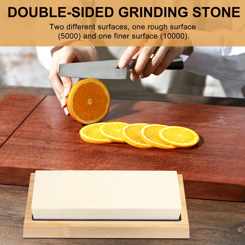 ABFA-Whetstone Set,5000/10000 Grit Double-Sided Knife Sharpening Stone For Kitchen,Non-Slip Bamboo Base And Angle Guide