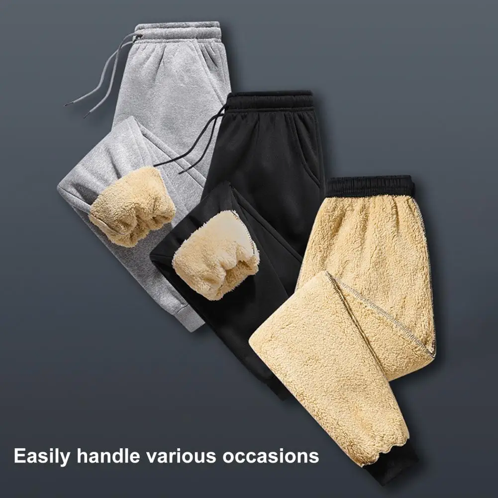 Men Pants Men's Winter Fleece Pants with Drawstring Waist Heat Retention Pockets Solid Color Design Warm Sport Travel for Work