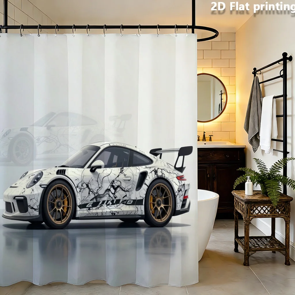 Velocity Flow Shower Curtain – Silver & Graphite Fluid Lines on White, Polyester  12 Grommets, Machine Washable, 72×72