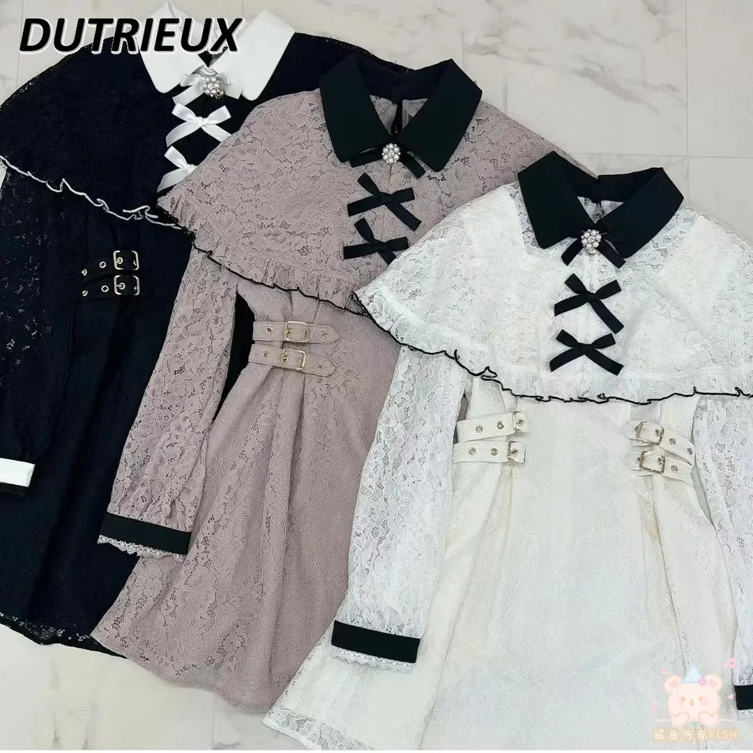 

Rojita Spring New Lace Cloak Lapel Bow Dress Mine Series Mass-Produced All-Match and Sweet Cute Long Sleeve Waist-Tight Dresses