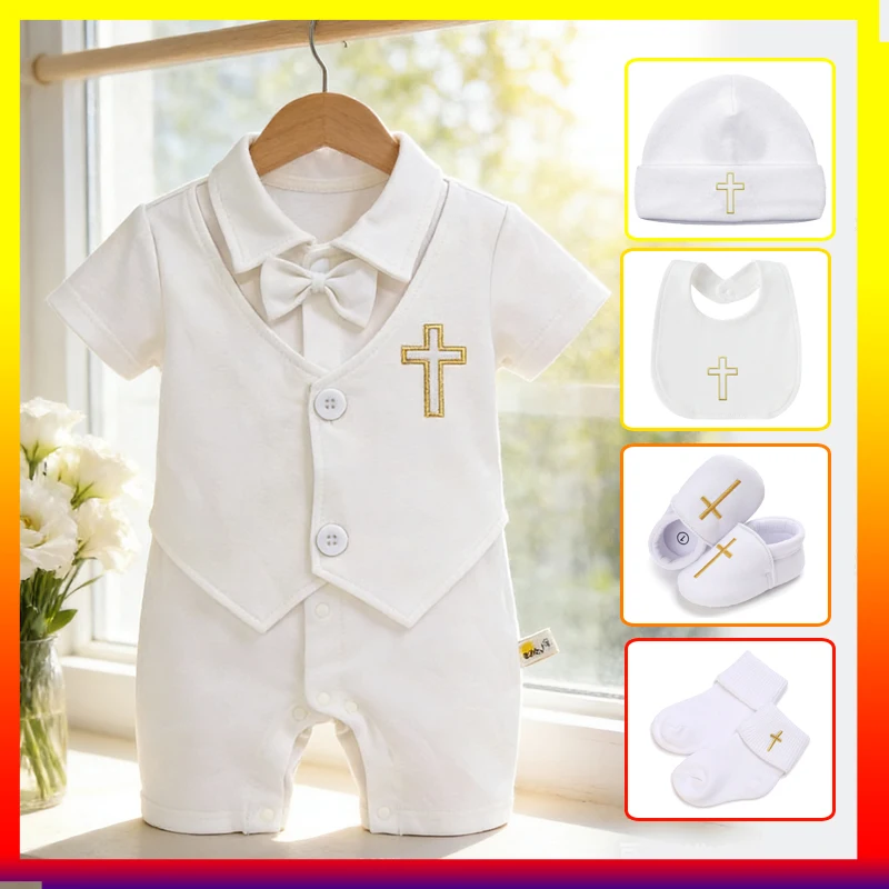 Summer Christening Clothes for Baby Boy 0 12 Month White Short Sleeve Cotton Newborn Romper Bow Tie Suits for Church Baby Shower