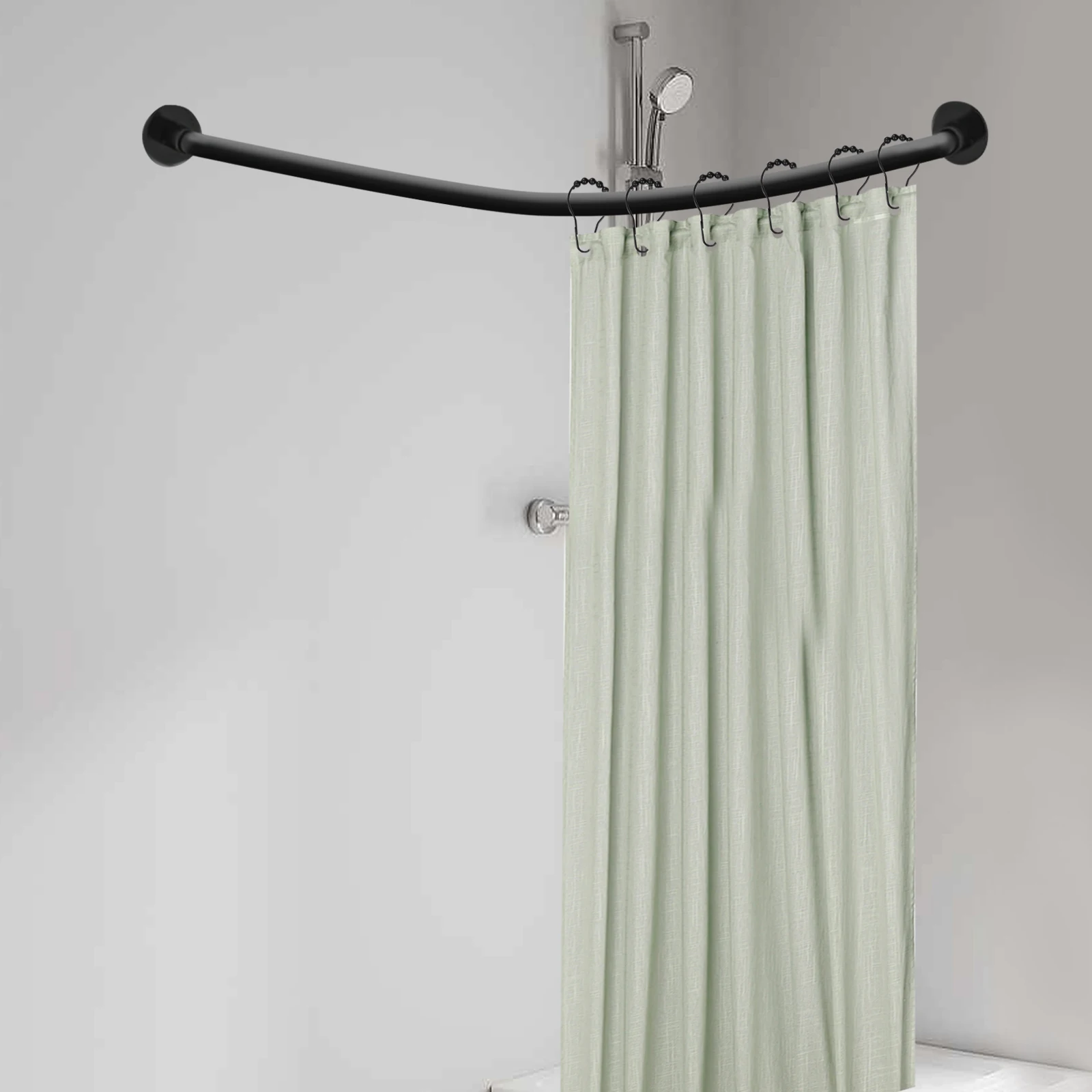 Shower Curtain Rail L Shape No Drilling Shower Rail Corner Bathtub Stainless Steel Telescopic Rod with Shower Curtain Rings