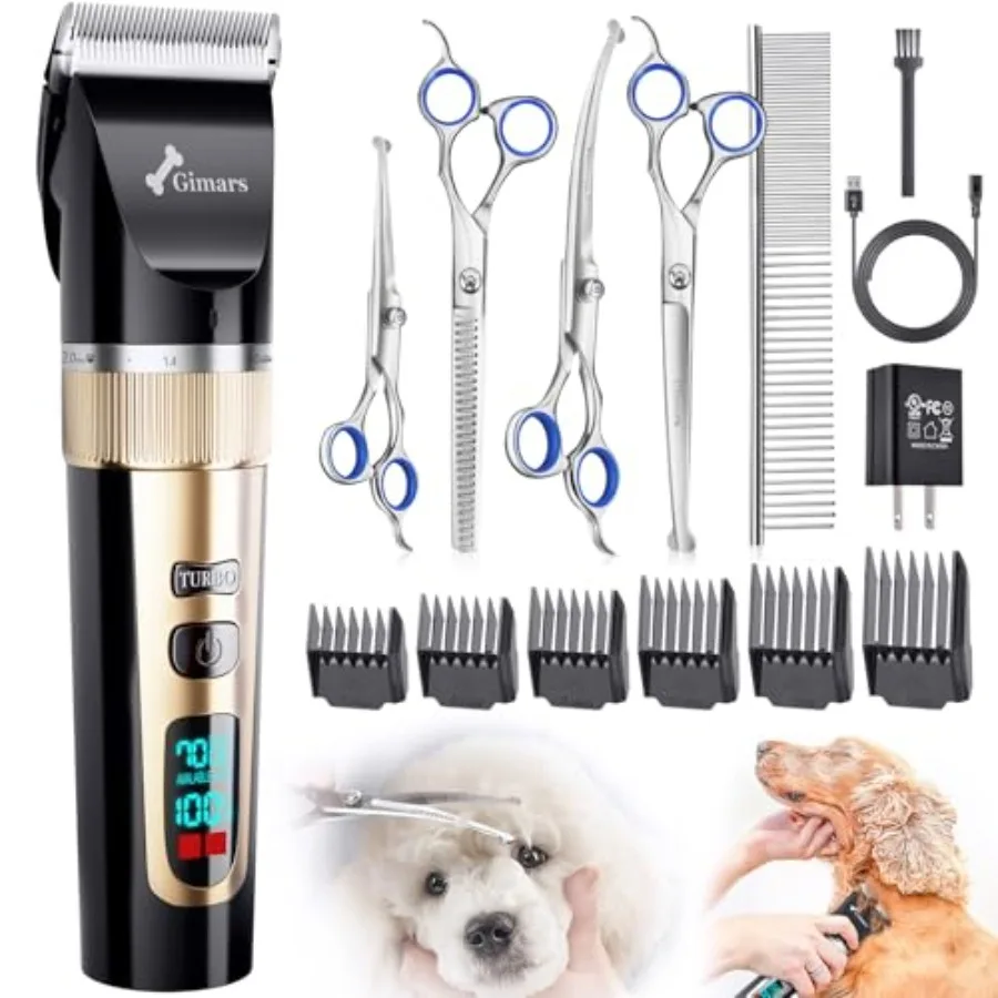 

Cordless 4 Speed 7000rpm Dog Clippers with 6 in 1 4CR Stainless Steel Dog Grooming Scissors Kits Low Noise 55db Rechargeable Pe
